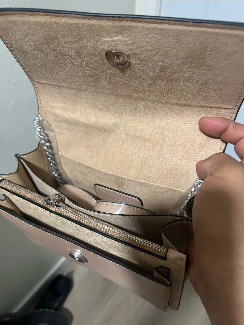 Coach Beige Signature Canvas Shoulder Bag with Silver Chain